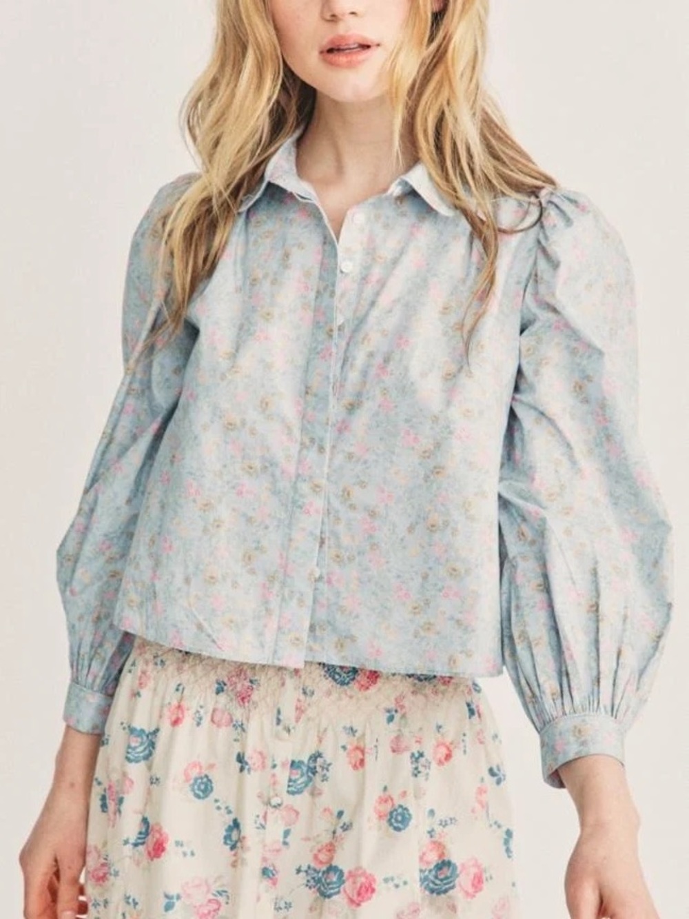 LoveShackFancy Sansom Blouse in Baby Blue Skies